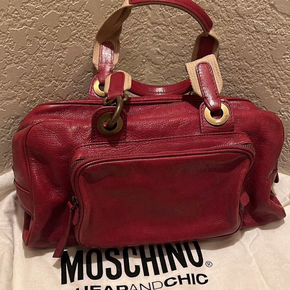 Moschino Top Handle Travel Tote Bag Deep Pinkish Red Leather Gold Hardware